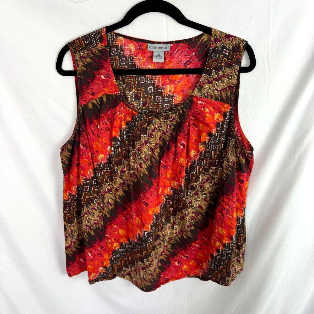 Catherines Women's Tank Top Blouse Size 1X Orange/Brown Print Sleeveless